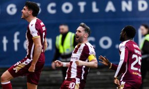 St Johnstone Nicky Clark celebrates his late winner against Dundee FC.