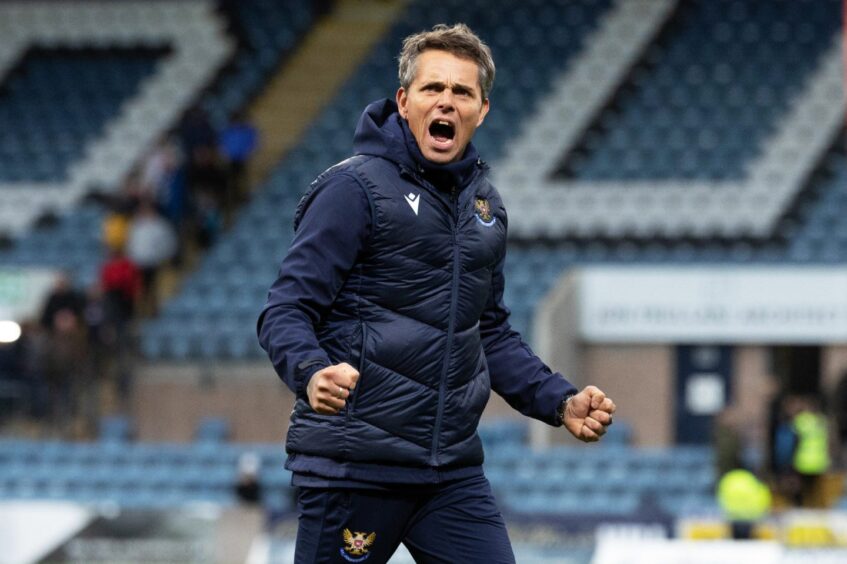 Simo Valakari celebrates St Johnstone's win at full-time.