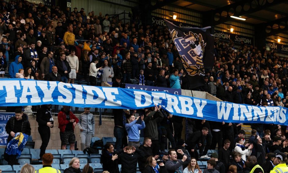 The travelling St Johnstone supporters at Dens Park on Saturday.