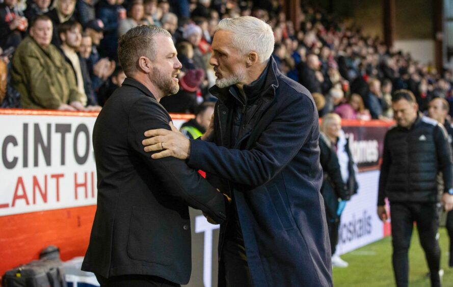 Jim Goodwin, right, and Dons boss Jimmy Thelin