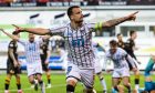 Dunfermline Athletic skipper Kyle Benedictus celebrates scoring against Livingston.