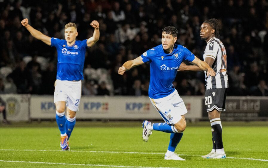 Sven Sprangler and Jack Sanders celebrate St Johnstone taking the lead against St Mirren.