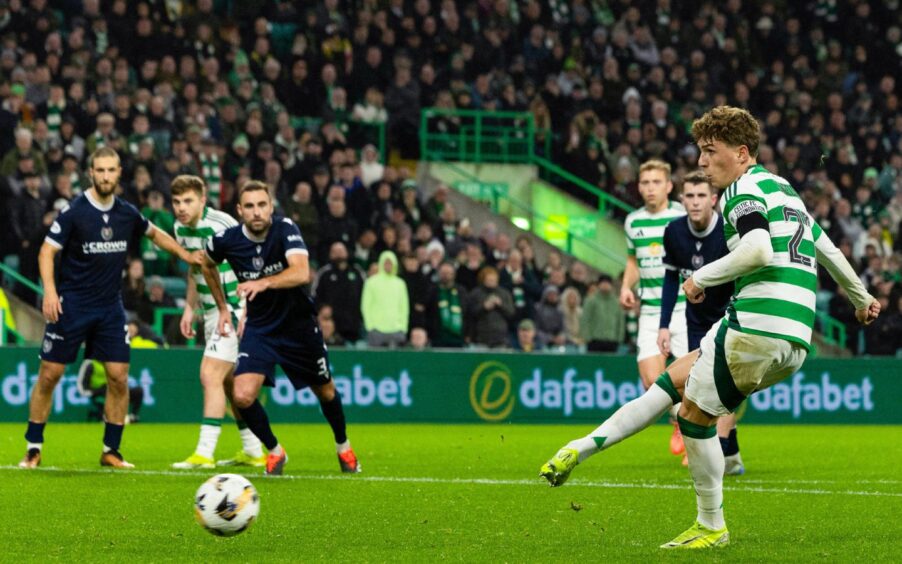 Arne Engels puts Celtic 2-0 up against Dundee. Image: Craig Foy/SNS