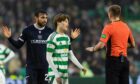 Referee Ross Hardie awarded Celtic a penalty for an Antonio Portales (left) tug on Kyogo Furuhashi. Image: SNS