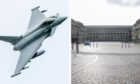 A split image showing a Typhoon aircraft and Dundee City Square.