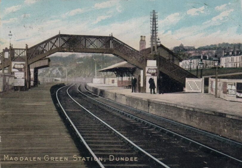 A postcard of Magdalen Green Station, Dundee, taken during its rail heyday.