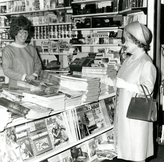 The Queen Mother visiting the book shop at Ninewells.