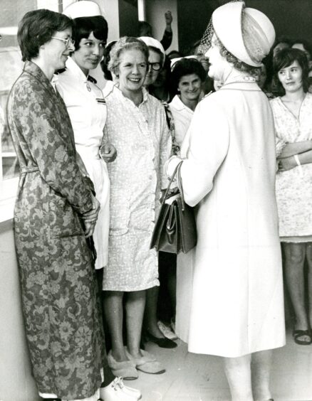 The Queen Mother meets patients at Ninewells in 1974.