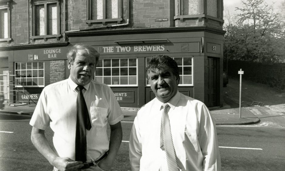 Ed McHugh and Rob Adam outside the Two Brewers, formerly The Pleasance Bar, in 1990.