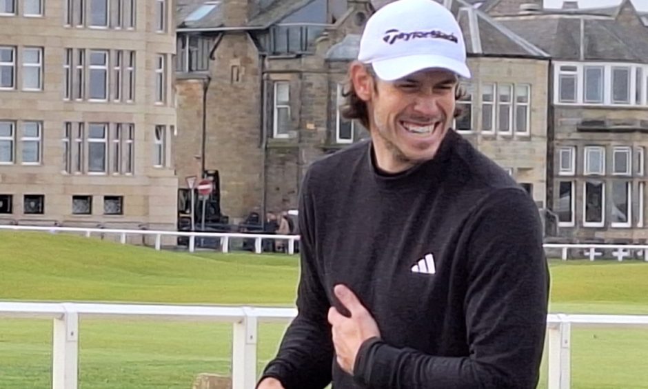 Welsh football hero Gareth Bale jokes with fans during Dunhill Cup on Thursday.