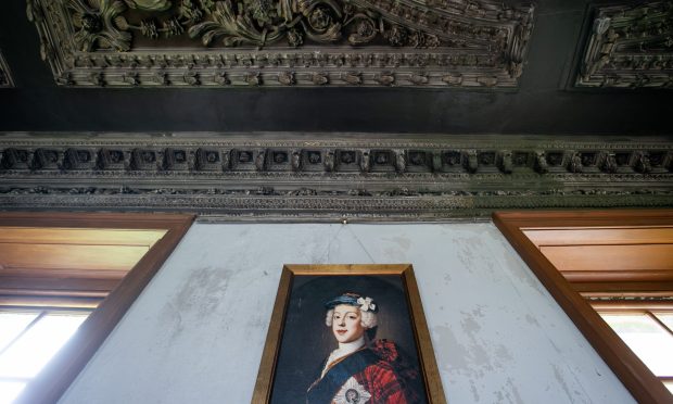 Picture of Bonnie Prince Charlie, and the ceiling in the main hall of Bannockburn House.