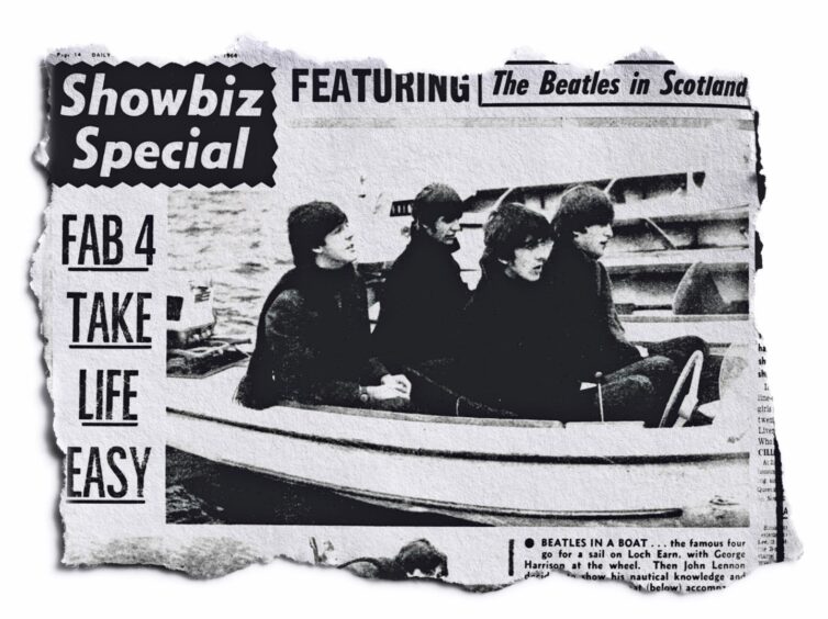 a newspaper clipping showing how The Beatles made headlines when they went boating in Perthshire.