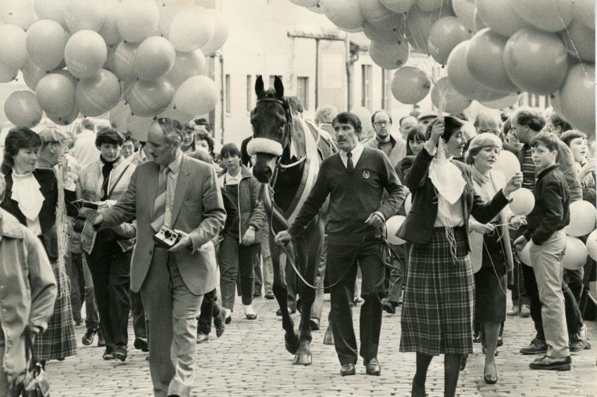 bunches of balloons are handed out and people crowd the street as Red Rum is led along