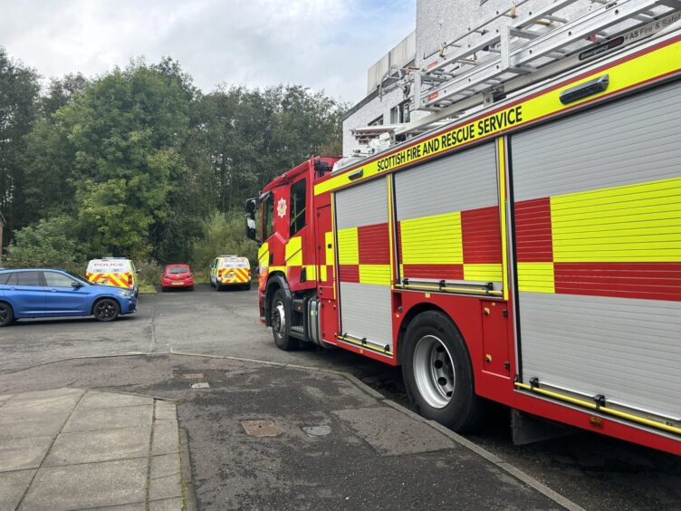 A fire appliance parked at Bowhill Swimming Pool.