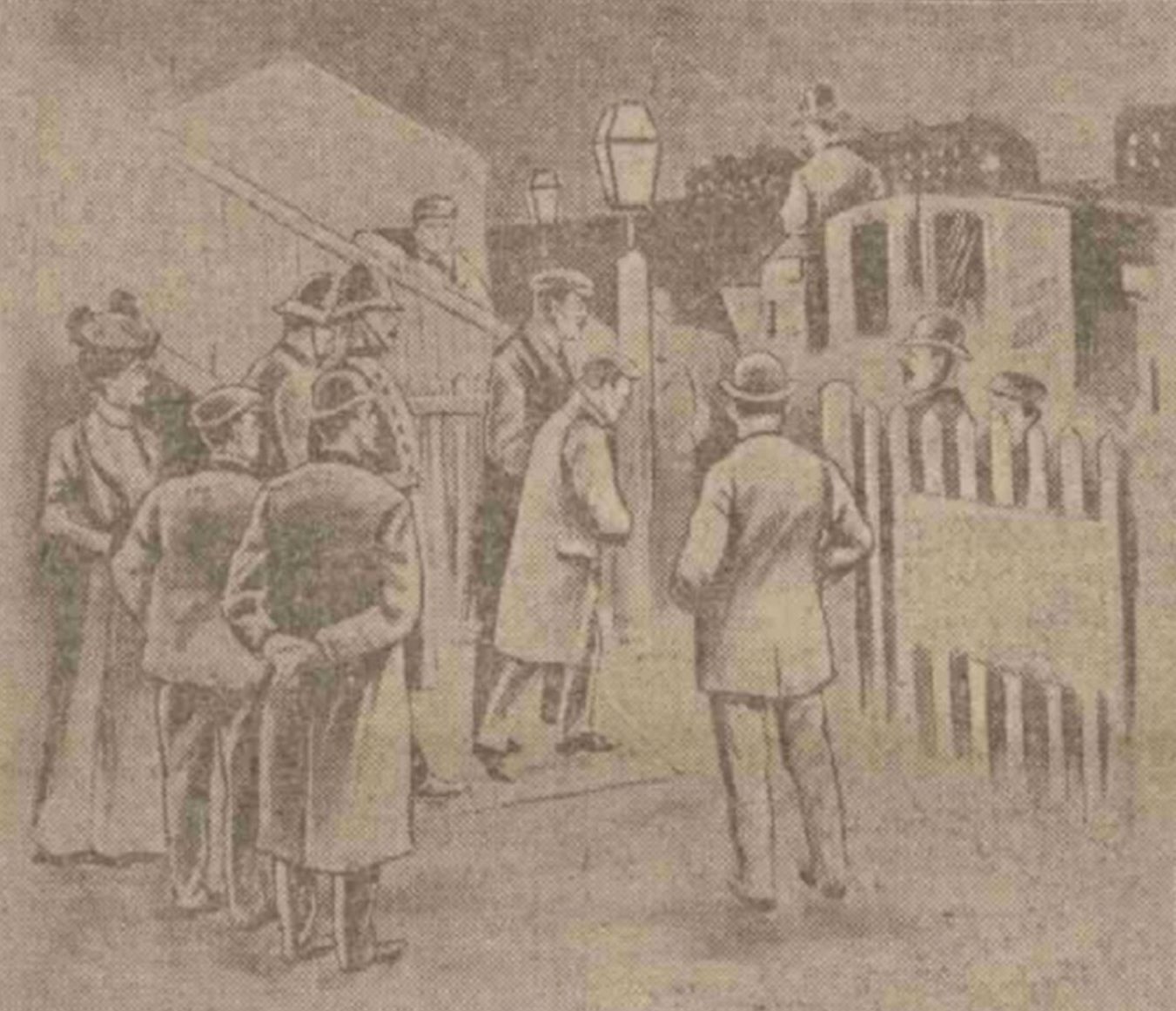 A Courier sketch of police and onlookers watching the arrival of the Ann Street killer at Magdalen Green