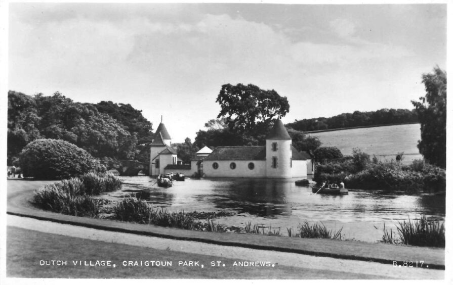 A postcard by Dundee company Valentines depicting the lakeside Dutch Village at Craigtoun Park in Fife in 1953.