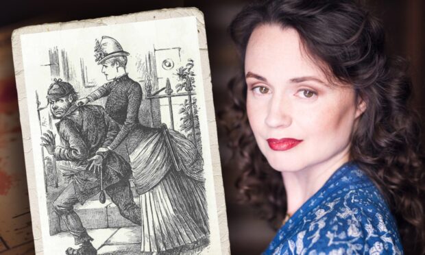 Dr Sara Lodge of St Andrews University and an historic cartoon of a 19th century female detective. Image: DC Thomson Design Team