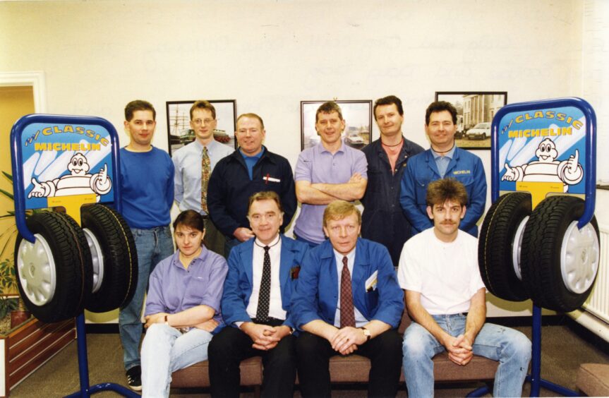 Michelin staff with the new Road Classic Tyre in 1994. 