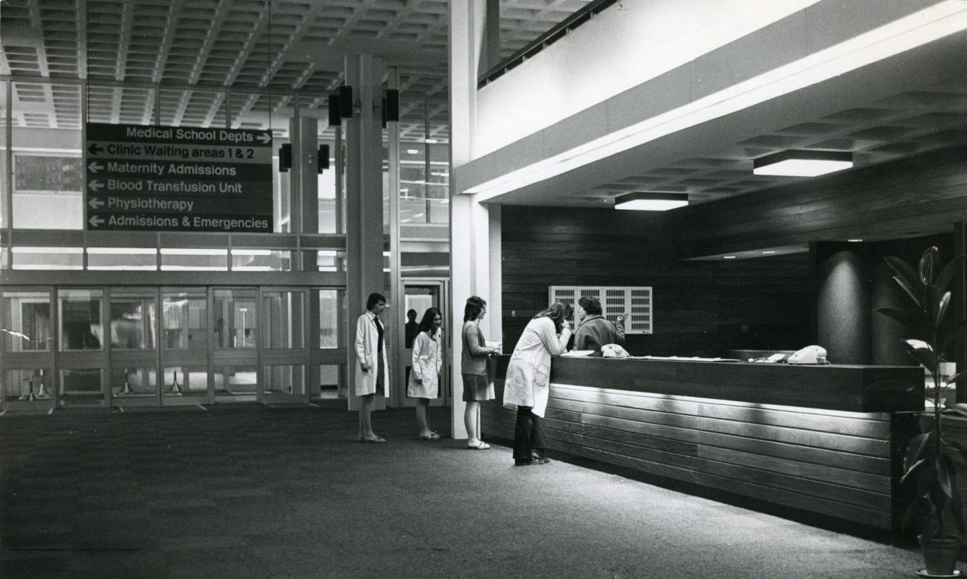 The reception area at Ninewells Hospital in 1974