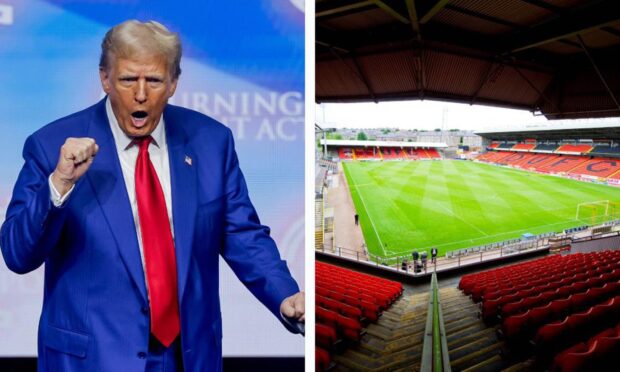 A split image of Donald Trump and Tannadice Park.