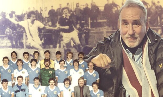 a photo montage showing John Mitchell now, his Forfar Athletic team-mates and a shot of him when he was a player