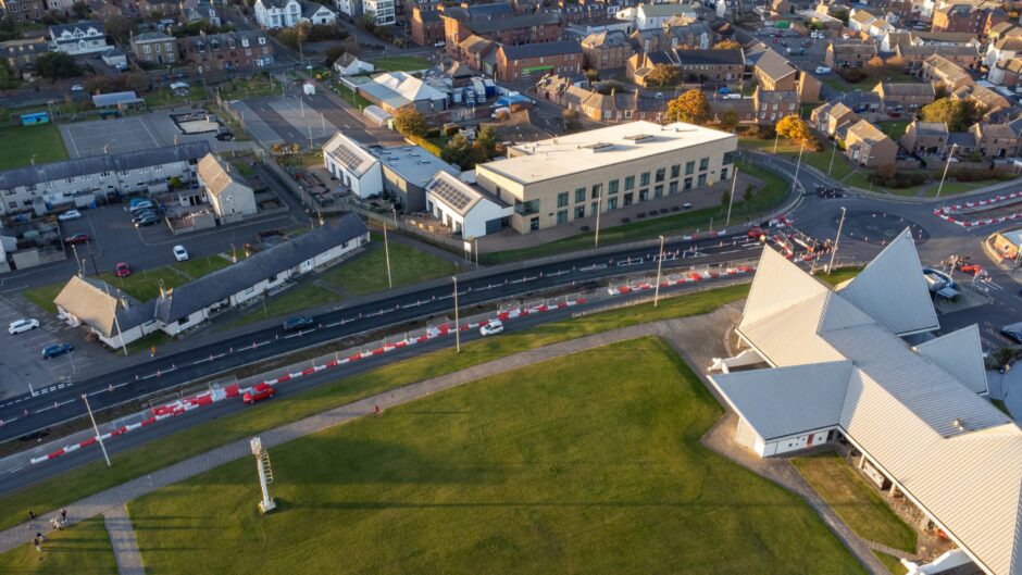 Ladyloan in Arbroath drone shot of A92.