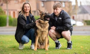 Guide dog puppy Craigie with trainers Amanda and Logan