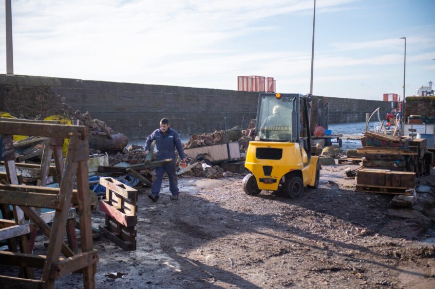 Contractors were called to asses the damaged wall at Arbroath Harbour on Thursday