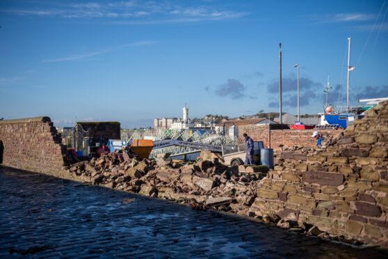 A wall at Arbroath Harbour was smashed in bad weather. Image: Kim Cessford / DC Thomson