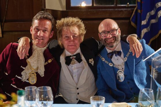 Sir Rod Stewart at Blair Castle in Perthshire with the Duke of Argyll (left) and Ian Smith, chair of The Keepers of the Quaich, (right). Image: Pressteam Scotland