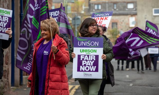 CR0050504 , Alasdair Clark, Blairgowrie. Unison Picket John Swinney Office. Picture shows; Unison Members picket outside the offices of the High Honourable John Swinney MSP First Minister of Scotland today in a continuing row over pay.
Thursday 24th October 2024. Image: Kenny Smith/DC Thomson