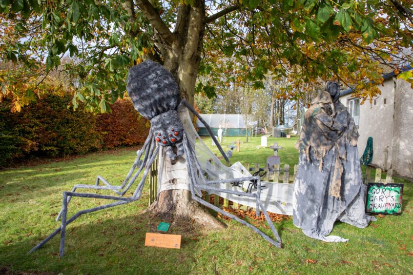 Image shows: a giant spider Halloween decoration created by the residents of New Gilston.The grey spider is attached to the trunk of a tree and has scary red eyes and long legs.