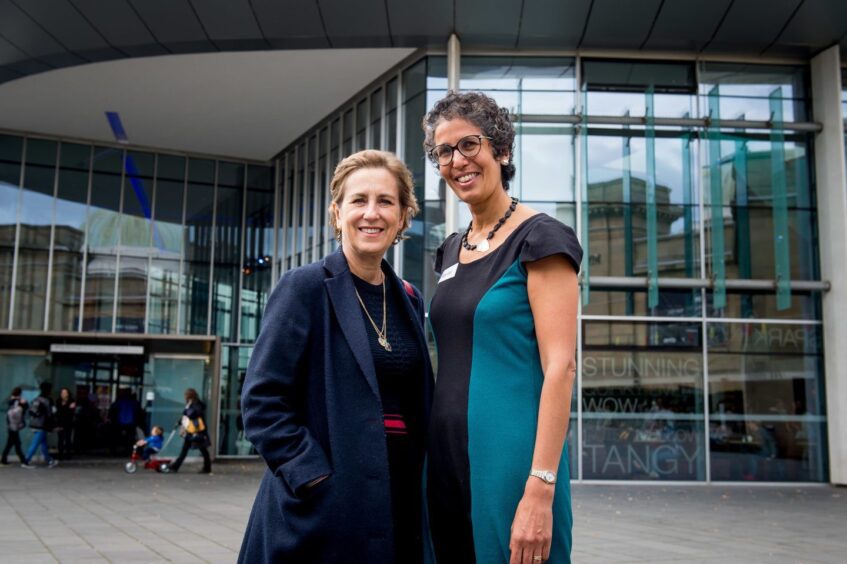 Image shows: Kirsty Wark with Rachel Weiss standing outside Perth Concert Hall after a Menopause Cafe in 2024.