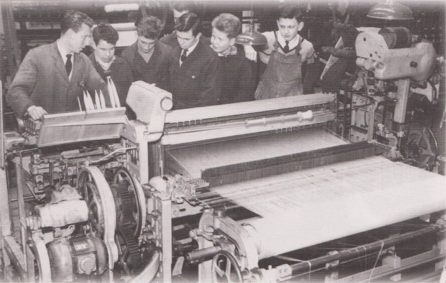 Lauder Technical College apprentices in 1960 and an instructor beside some machinery