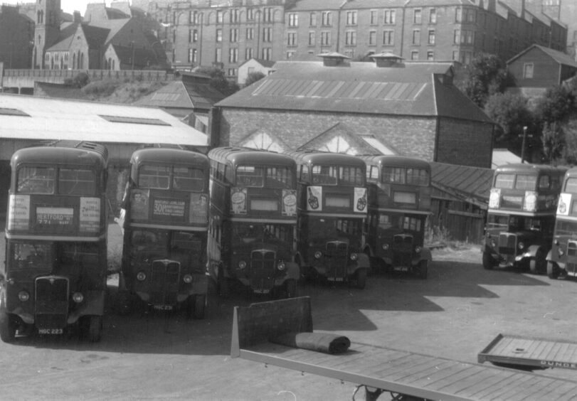 Ex-London Transport buses in 1955 awaiting preparation for service in Dundee.