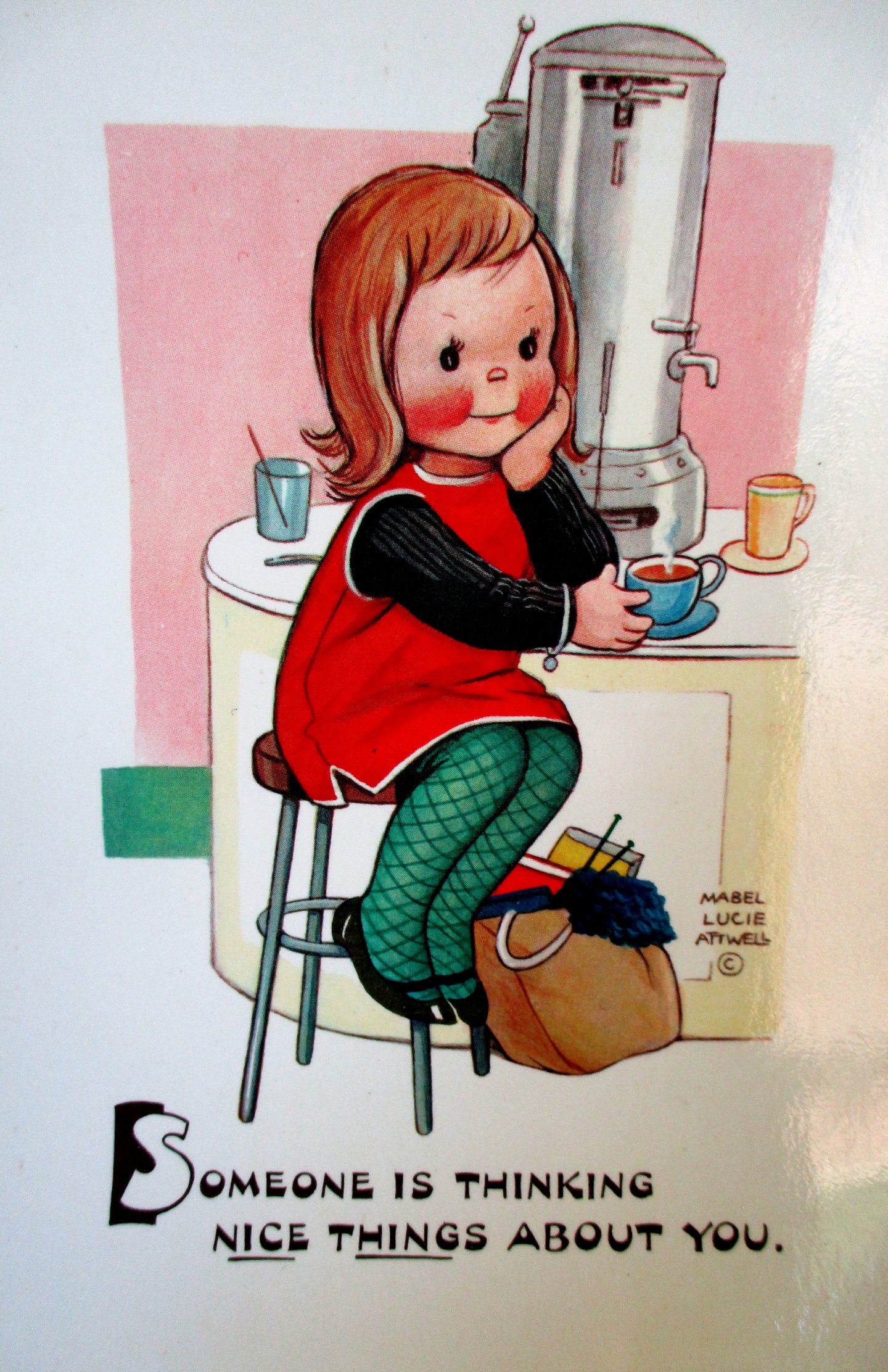 A woman sits on a stool beside a tea urn above the message 'Someone is thinking nice things about you'