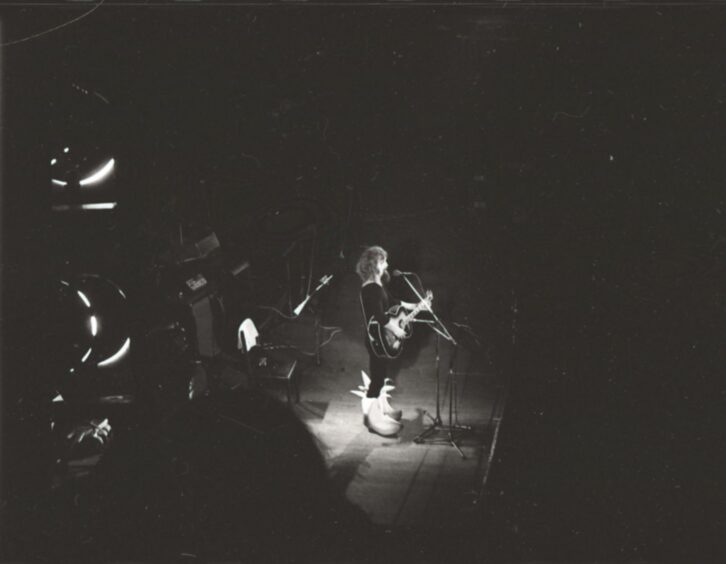 Billy Connolly in his banana boots on stage in Dundee in 1975.