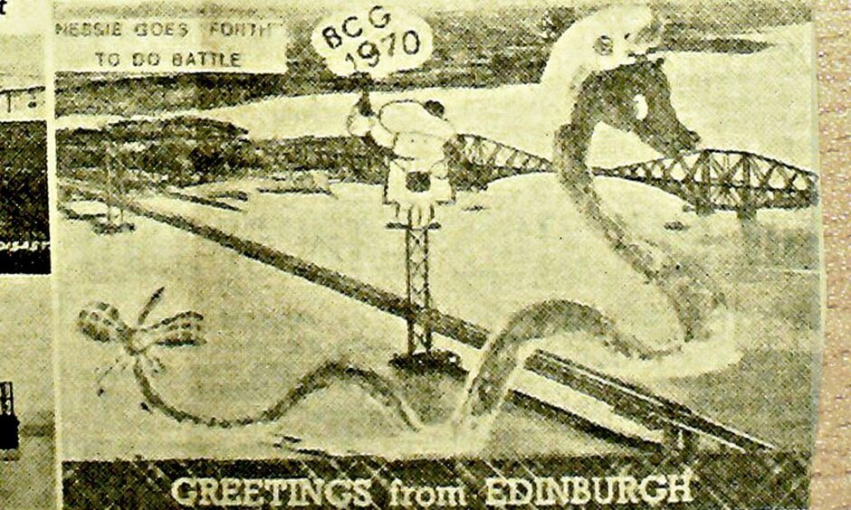 Nessie snakes itself over the Forth bridges in a 1970 Valentines postcard