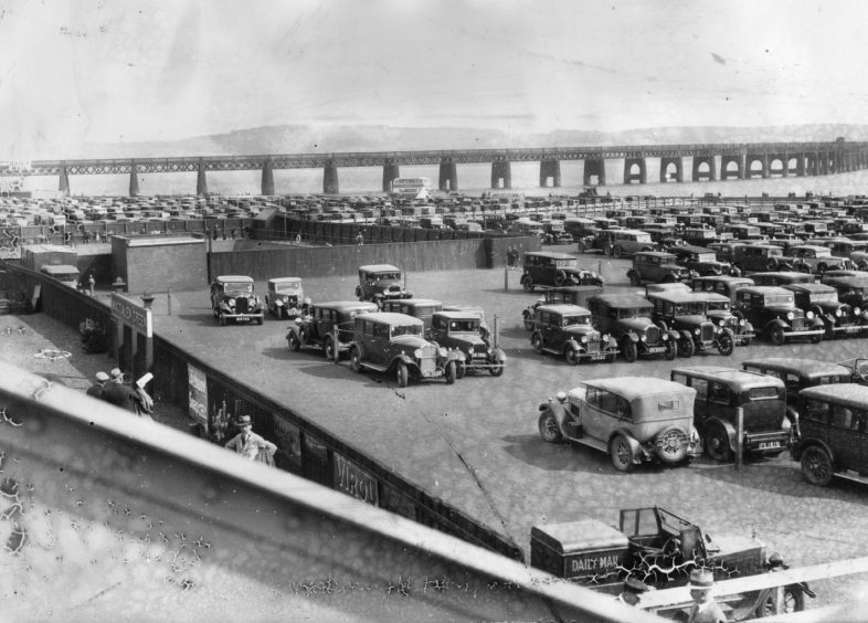 The platform at Magdalen Green covered by a mass of cars in 1933.