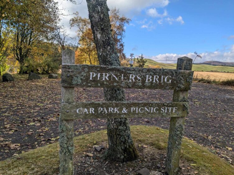 An old wooden signpost covered in moss marks the Pirner's Brig picnic spot. Image: Gayle Ritchie.