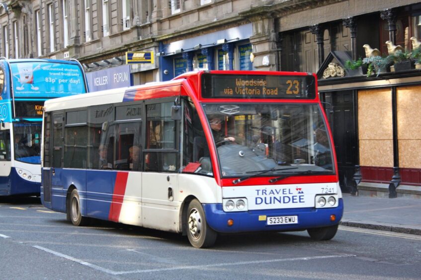 A single decker originally serving Knightsbridge, the bus now in Dundee heads for Woodside. 