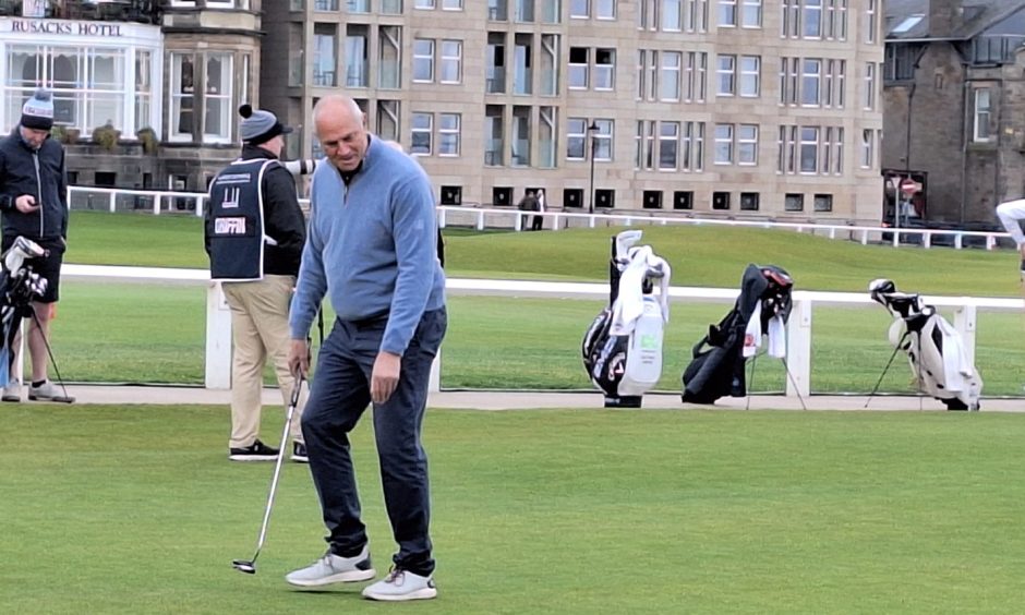 Olympic rower Sir Steve Redgrave making a splash at the Alfred Dunhill Links Championship in St Andrews.