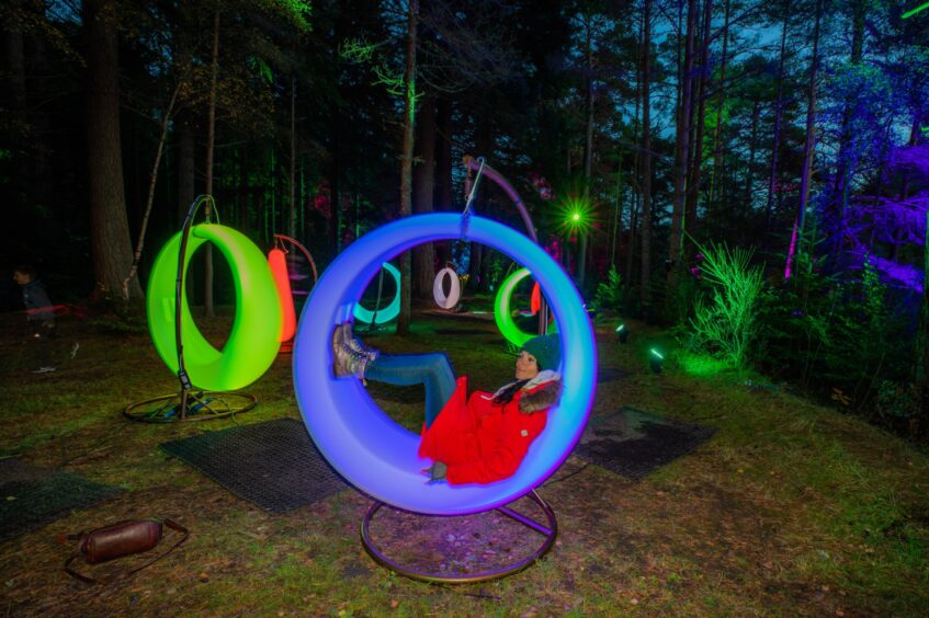 Gayle hangs out on a swing at Pitlochry's Enchanted Forest. Image: Steve MacDougall/DC Thomson.