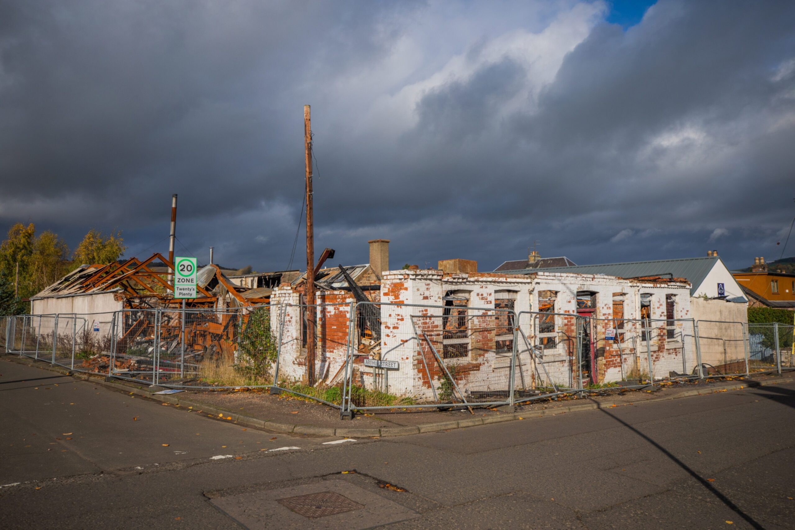 A view of the fire dilapidated building.