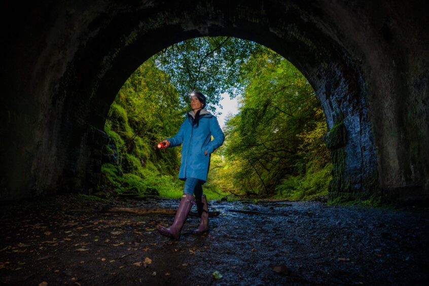 Gayle at the entrance to the south Glenfarg railway tunnel.