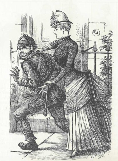 Cartoon showing 19th century female detective apprehending a man.