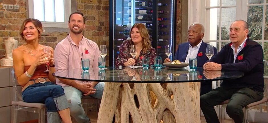 Kate and Sam Larg with fellow Saturday Kitchen guests Helen McGinn, Trevor McDonald and Gennaro Contaldo.