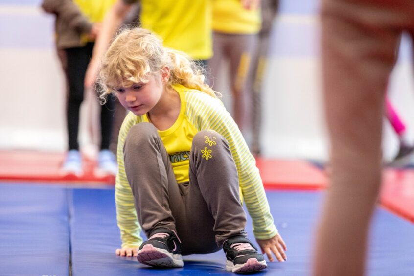 A brownie practises cheerleading. 