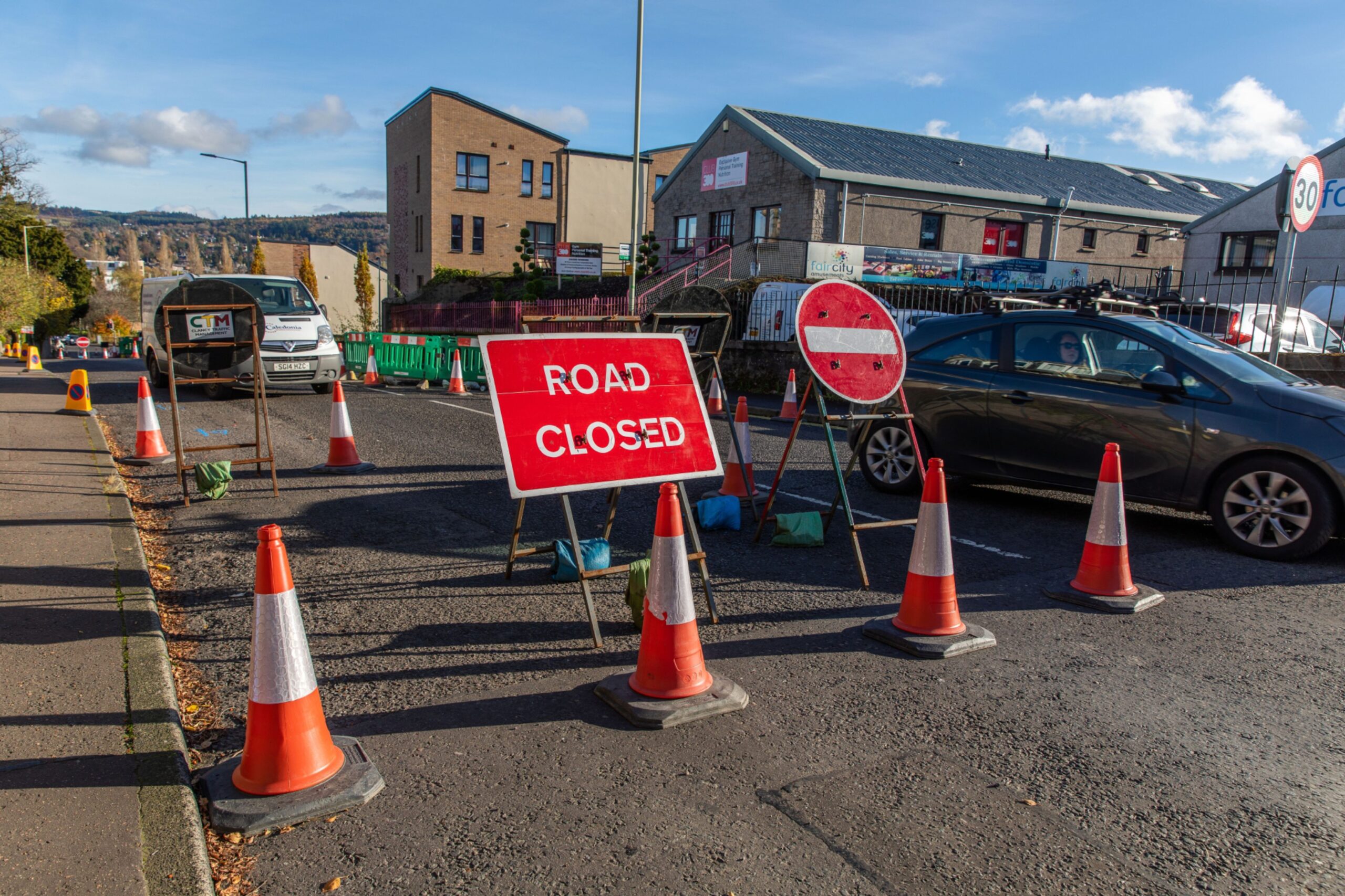 Jeanfield Road blocked by roadworks.