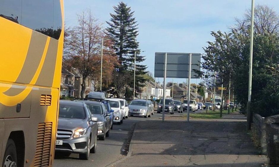 The tailbacks along Arbroath Road at Scott Fyffe Roundabout 